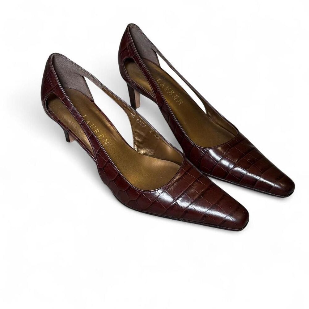 Lauren Ralph Lauren Brown Croc Embossed Leather Heels - Size 8